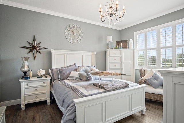 bedroom featuring dark wood-type flooring, a chandelier, and ornamental molding