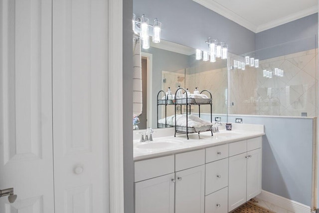 bathroom featuring vanity, ornamental molding, and a tile shower