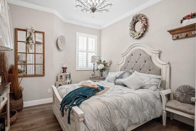 bedroom with dark hardwood / wood-style floors, crown molding, and a chandelier