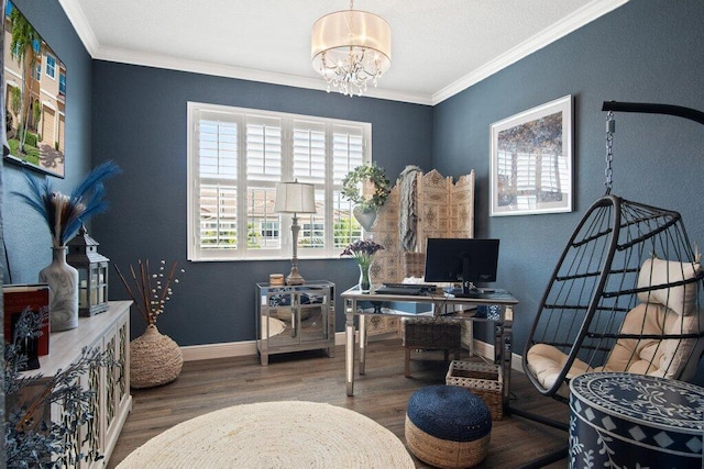 office area featuring an inviting chandelier, crown molding, and hardwood / wood-style flooring