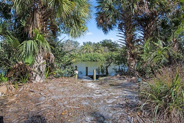 exterior space featuring a water view and a boat dock