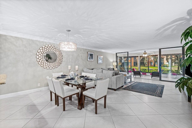 dining space featuring ceiling fan, light tile patterned flooring, and crown molding