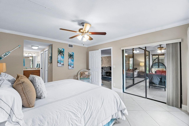 tiled bedroom with ceiling fan, crown molding, access to outside, and ensuite bath