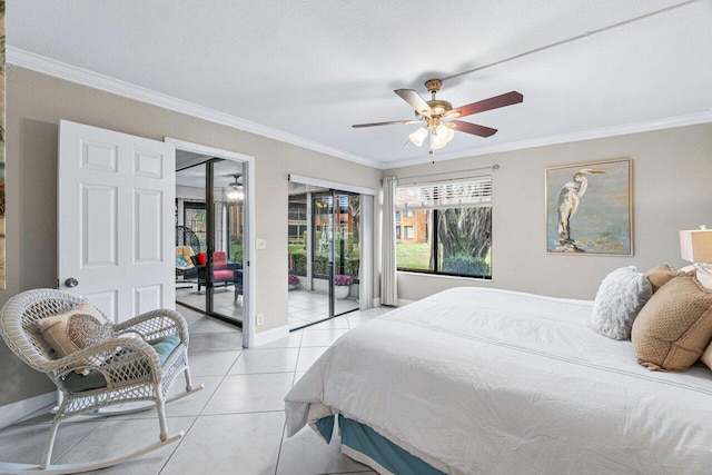 bedroom with ceiling fan, light tile patterned floors, access to exterior, and ornamental molding