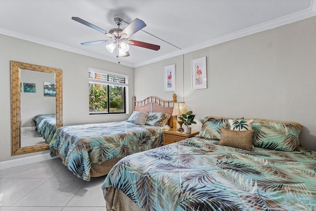 tiled bedroom featuring ceiling fan and ornamental molding