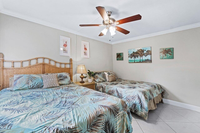 tiled bedroom with ceiling fan and crown molding