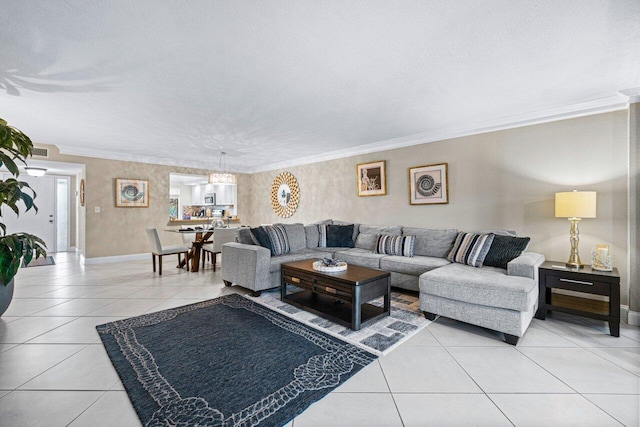 tiled living room featuring a notable chandelier, crown molding, and a textured ceiling