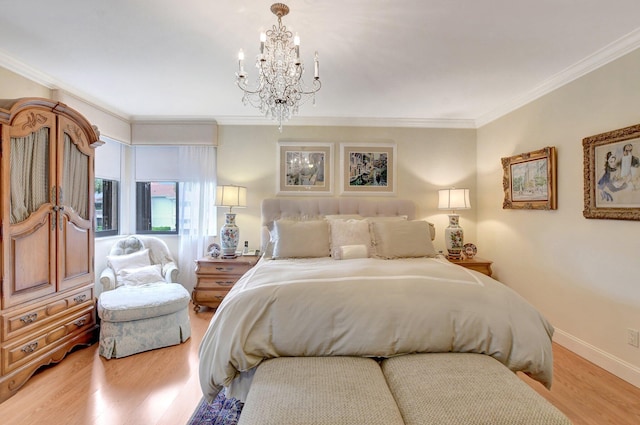 bedroom with hardwood / wood-style flooring, crown molding, and an inviting chandelier