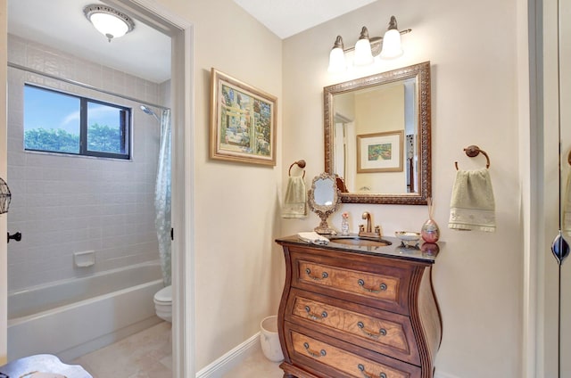 full bathroom with shower / tub combo, vanity, tile patterned floors, and toilet