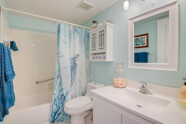 full bathroom with shower / bathtub combination with curtain, vanity, and toilet