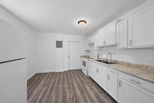 kitchen featuring electric panel, sink, white cabinets, and white appliances