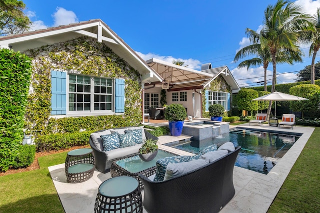 back of property featuring an outdoor living space, a jacuzzi, and a patio