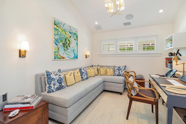 living room with a notable chandelier and vaulted ceiling