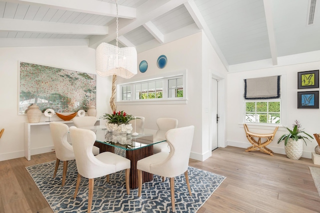 dining area featuring a chandelier, light hardwood / wood-style floors, high vaulted ceiling, and beamed ceiling