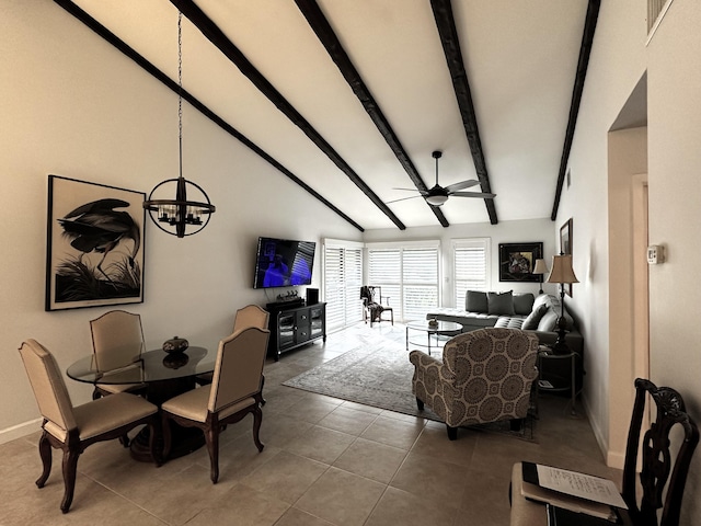 living room featuring tile patterned floors, ceiling fan with notable chandelier, and lofted ceiling with beams