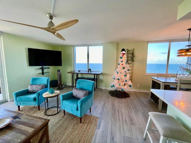 sitting room with ceiling fan, plenty of natural light, and light hardwood / wood-style flooring