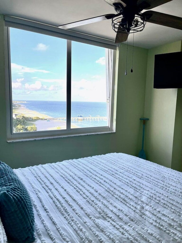 bedroom featuring ceiling fan and multiple windows