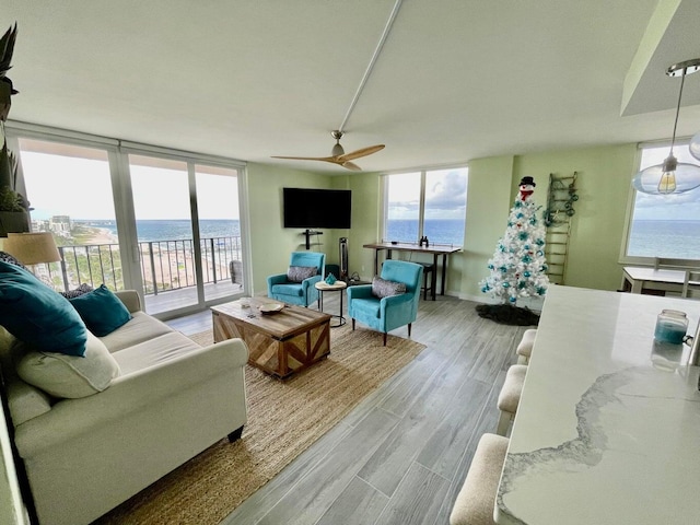 living room with ceiling fan, floor to ceiling windows, and light hardwood / wood-style floors