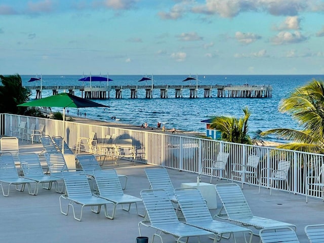 exterior space with a water view