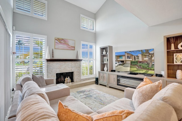 living room with a towering ceiling and light colored carpet