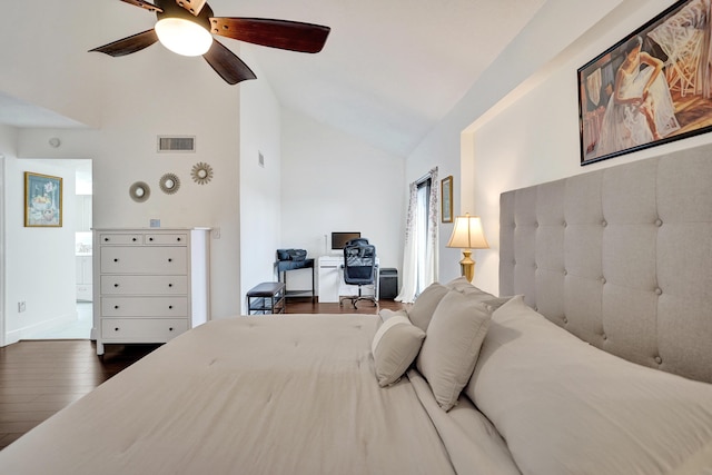 bedroom featuring high vaulted ceiling, dark hardwood / wood-style floors, and ceiling fan