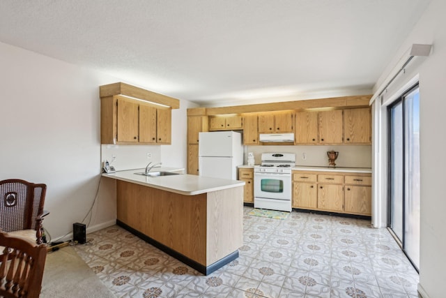 kitchen with sink, white appliances, and kitchen peninsula