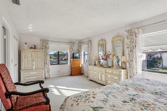 carpeted bedroom with a textured ceiling