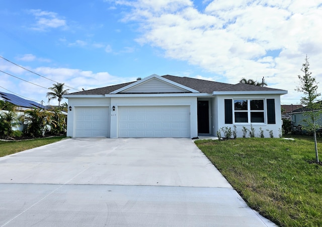 single story home with concrete driveway, an attached garage, a front lawn, and stucco siding