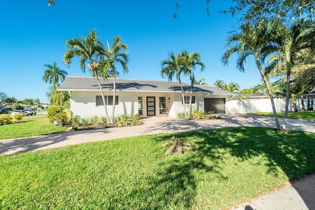 single story home featuring a front lawn and a garage