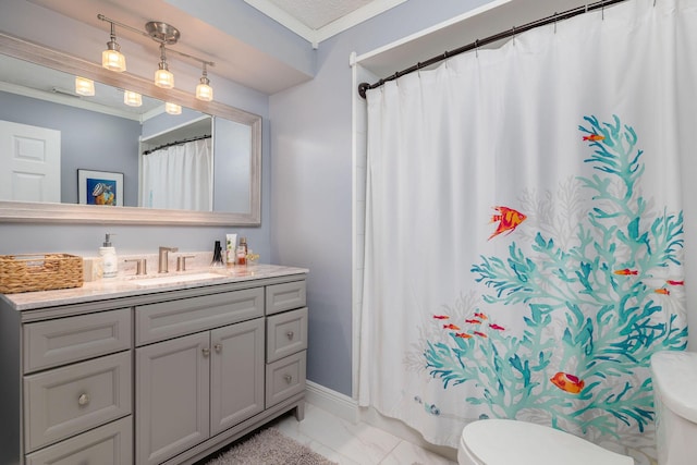 bathroom with vanity, toilet, crown molding, and curtained shower