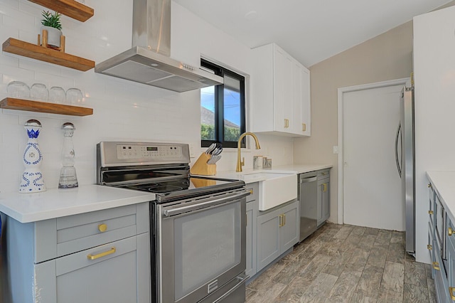 kitchen featuring hardwood / wood-style floors, appliances with stainless steel finishes, tasteful backsplash, island range hood, and gray cabinetry