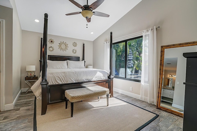 bedroom featuring ceiling fan, lofted ceiling, and hardwood / wood-style floors