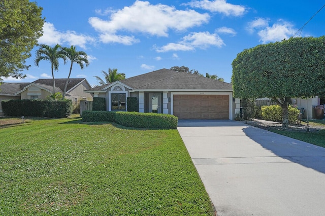 ranch-style home featuring a front lawn and a garage