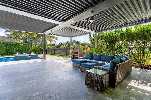 view of patio featuring ceiling fan, an outdoor hangout area, and a pool with hot tub