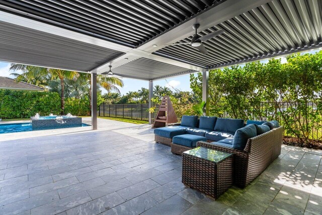 9748 Rennes Ln, Delray Beach, FL 33446 - view of patio / terrace with outdoor dining area, ceiling fan, exterior kitchen, and area for grilling
