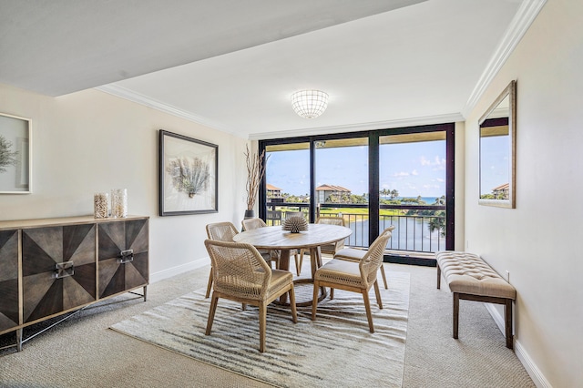 carpeted dining space featuring ornamental molding and a water view