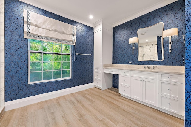 189 Shelter Ln, Jupiter Inlet Colony, FL 33469 - bathroom with wallpapered walls, wood finished floors, vanity, ornamental molding, and walk in shower