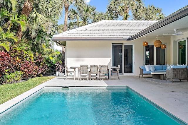 189 Shelter Ln, Jupiter Inlet Colony, FL 33469 - pool with an outdoor living space, a patio area, and a ceiling fan