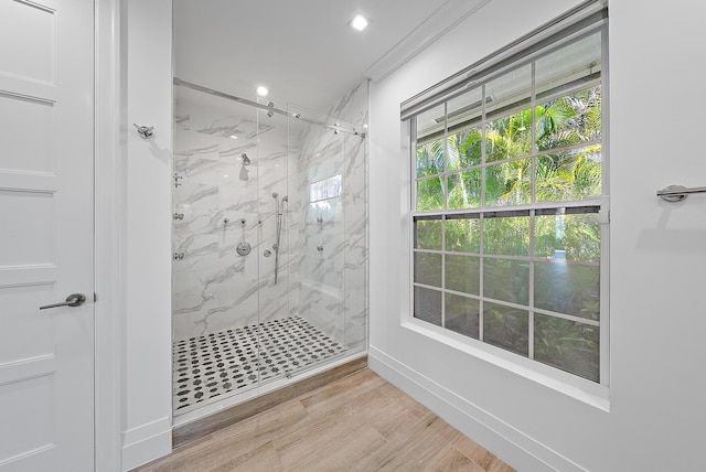 189 Shelter Ln, Jupiter Inlet Colony, FL 33469 - full bath featuring a marble finish shower, wood finished floors, and recessed lighting