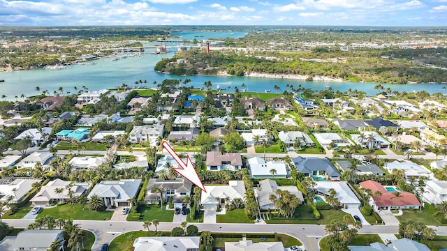 189 Shelter Ln, Jupiter Inlet Colony, FL 33469 - bird's eye view with a residential view and a water view