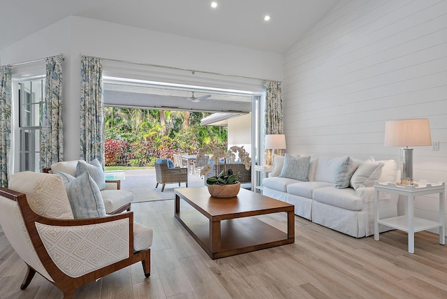 189 Shelter Ln, Jupiter Inlet Colony, FL 33469 - living room featuring high vaulted ceiling, recessed lighting, a ceiling fan, and light wood-style flooring