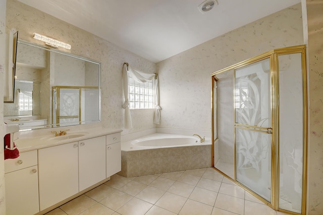 bathroom featuring vanity, tile patterned floors, and independent shower and bath