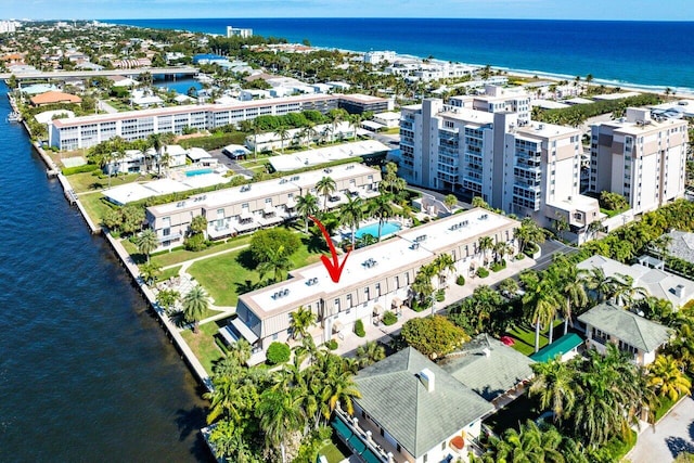 aerial view featuring a water view