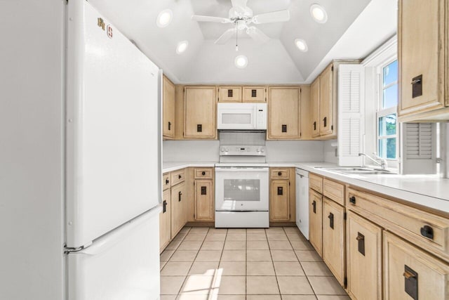 kitchen with light tile patterned flooring, sink, vaulted ceiling, white appliances, and decorative backsplash