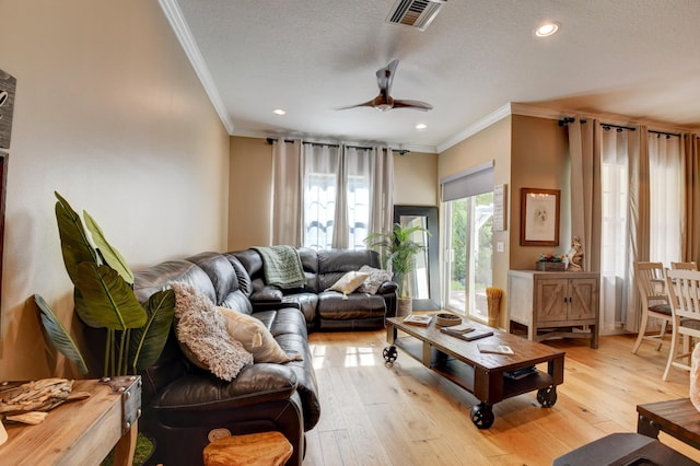 living room featuring ornamental molding, a textured ceiling, and light wood-type flooring