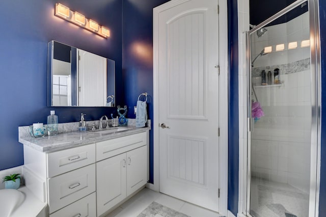 bathroom featuring tile patterned floors, plus walk in shower, and vanity