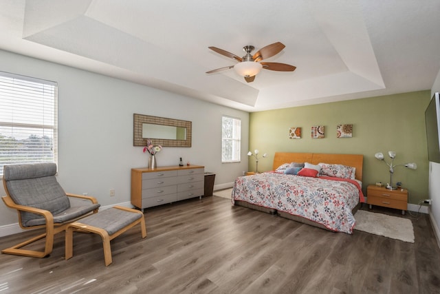 bedroom with hardwood / wood-style flooring, ceiling fan, and a raised ceiling