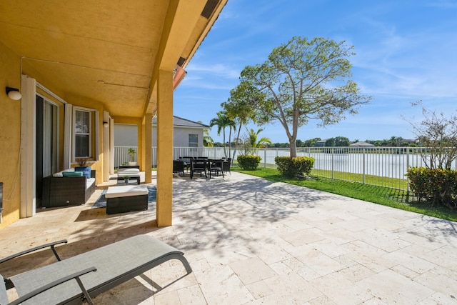 view of patio / terrace featuring a water view