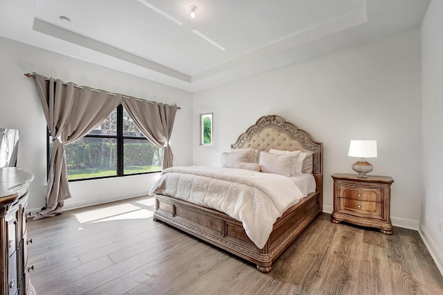 bedroom with hardwood / wood-style floors and a tray ceiling