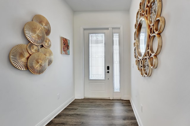 foyer entrance with dark wood finished floors and baseboards